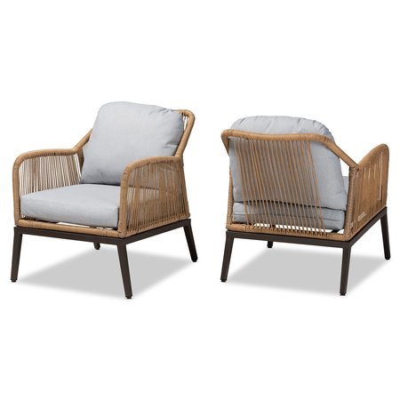 Baxton Studio Endecott Modern Grey Fabric Upholstered and Brown Synthetic Rattan Patio Chair, PK2 202-2PC-12309